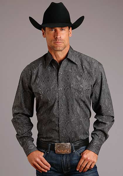 Stetson Men's Long Sleeve Solid Pearl Snap Western Shirt - Black