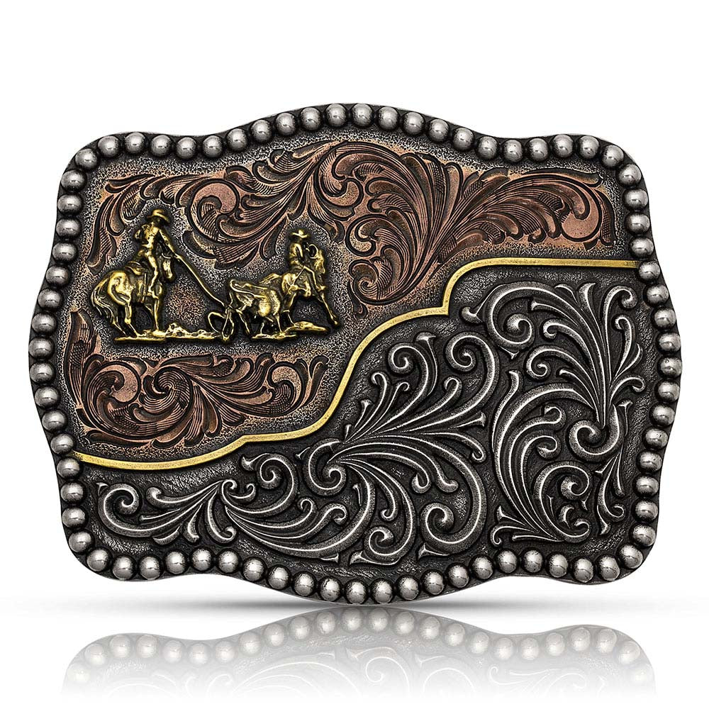 Tri-Color Filigree Road Team Roper Attitude Buckle - Nate's Western Wear